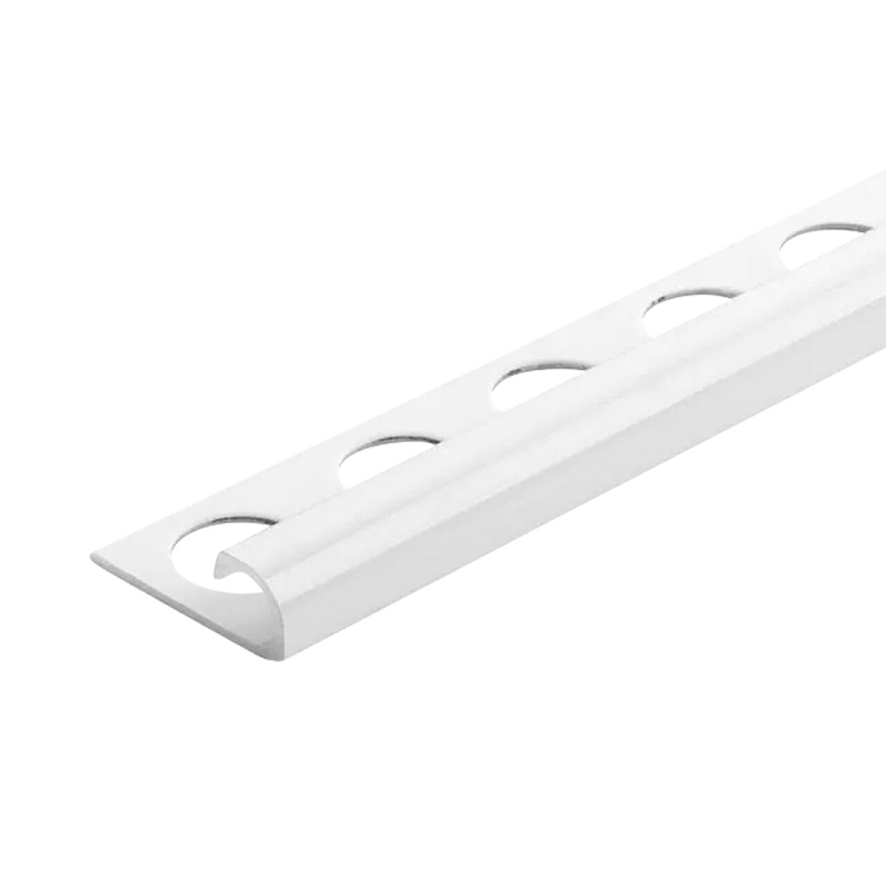 The Go Build 3/8 in. x 98-1/2 in. Aluminum R-Round Bullnose Metal Tile Edging Trim in Bright White provides a rounded edge and circular cutouts to finish and protect tile edges with style and durability.